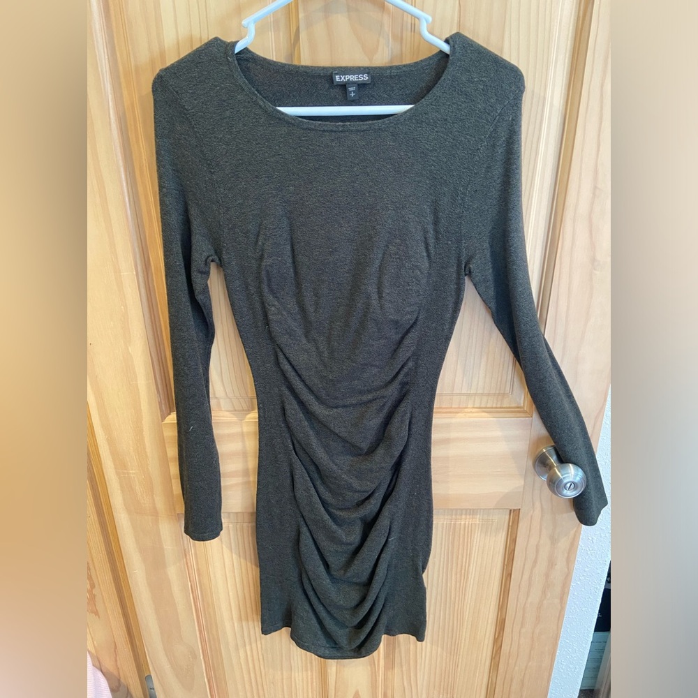 Express Heather Green Ruched Sweater Dress